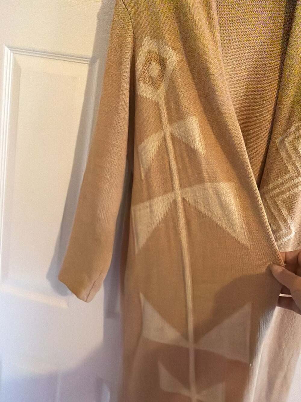 Lauren Ralph Lauren Tan Geometric Pattern Open Front Long Cardigan - Picture 2 of 9